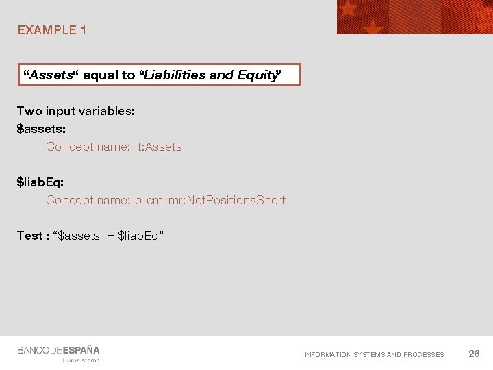 EXAMPLE 1 “Assets“ equal to “Liabilities and Equity” Two input variables: $assets: Concept name: