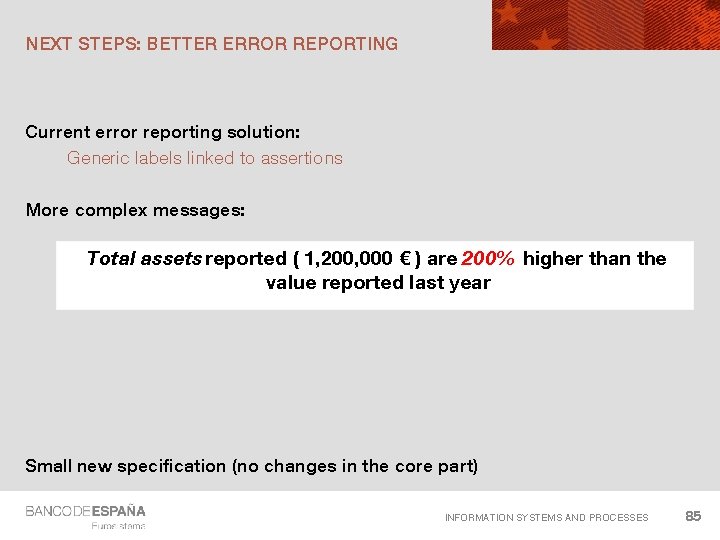 NEXT STEPS: BETTER ERROR REPORTING Current error reporting solution: Generic labels linked to assertions