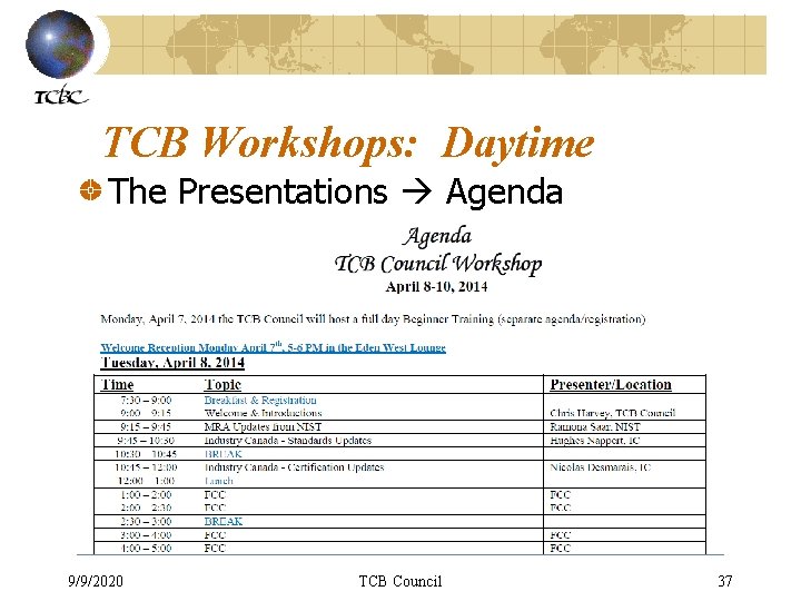 TCB Workshops: Daytime The Presentations Agenda 9/9/2020 TCB Council 37 