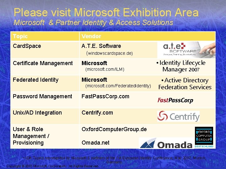 Please visit Microsoft Exhibition Area Microsoft & Partner Identity & Access Solutions Topic Vendor