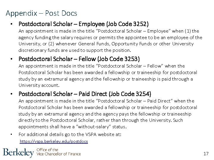 Appendix – Post Docs • Postdoctoral Scholar – Employee (Job Code 3252) An appointment