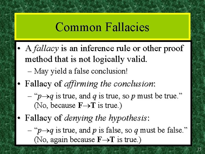 Common Fallacies • A fallacy is an inference rule or other proof method that