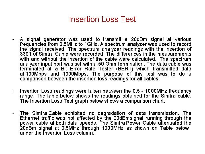 Insertion Loss Test • A signal generator was used to transmit a 20 d.