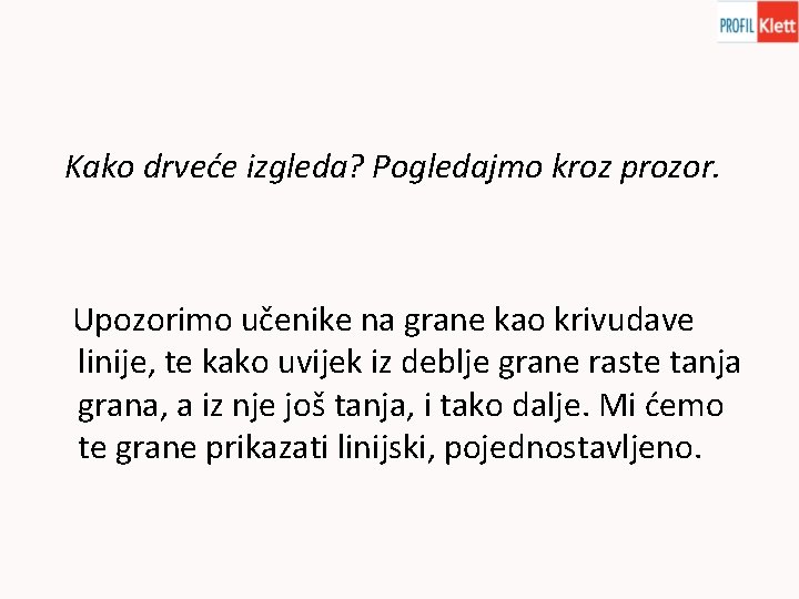 Kako drveće izgleda? Pogledajmo kroz prozor. Upozorimo učenike na grane kao krivudave linije, te