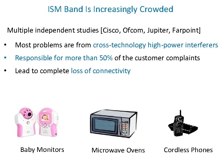 ISM Band Is Increasingly Crowded Multiple independent studies [Cisco, Ofcom, Jupiter, Farpoint] • Most