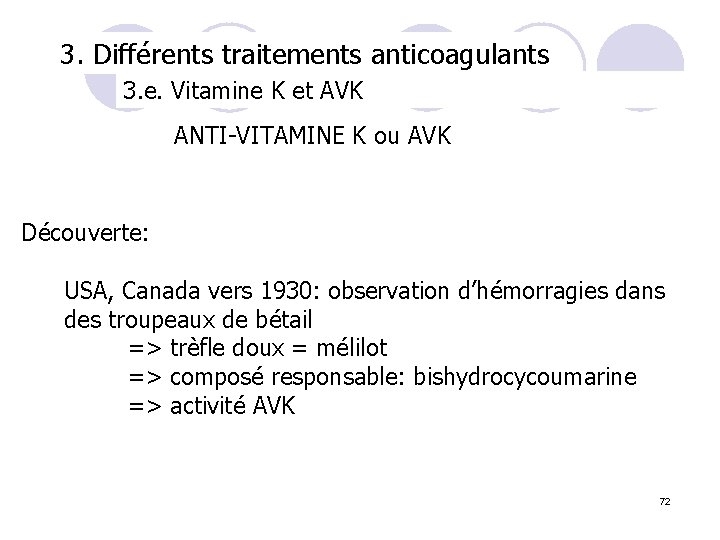 3. Différents traitements anticoagulants 3. e. Vitamine K et AVK ANTI-VITAMINE K ou AVK