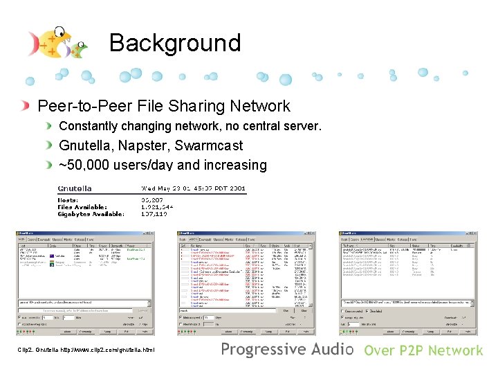 Background Peer-to-Peer File Sharing Network Constantly changing network, no central server. Gnutella, Napster, Swarmcast