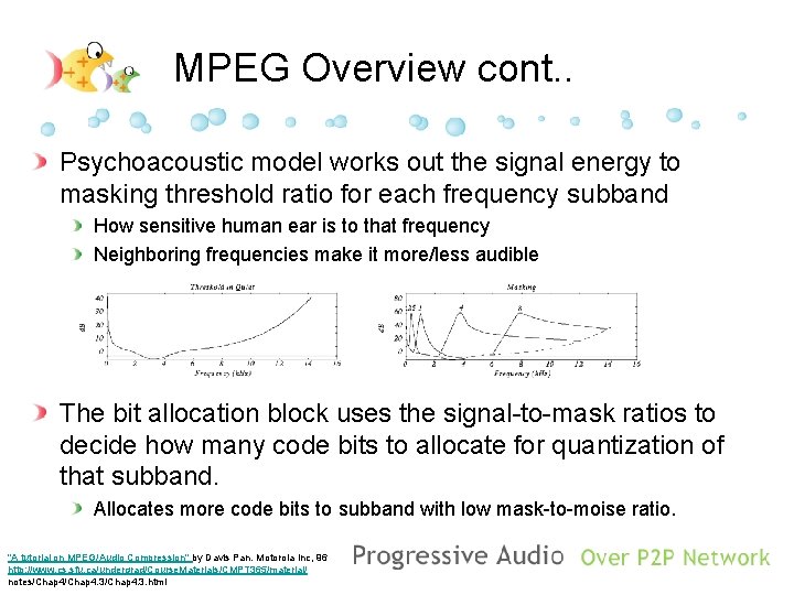 MPEG Overview cont. . Psychoacoustic model works out the signal energy to masking threshold