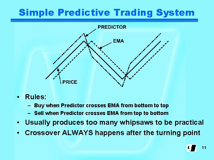 Simple Predictive Trading System • Rules: – Buy when Predictor crosses EMA from bottom