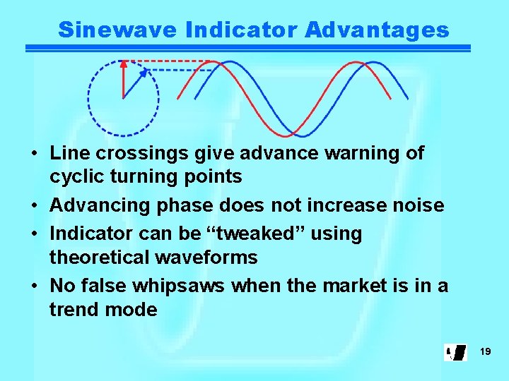 Sinewave Indicator Advantages • Line crossings give advance warning of cyclic turning points •