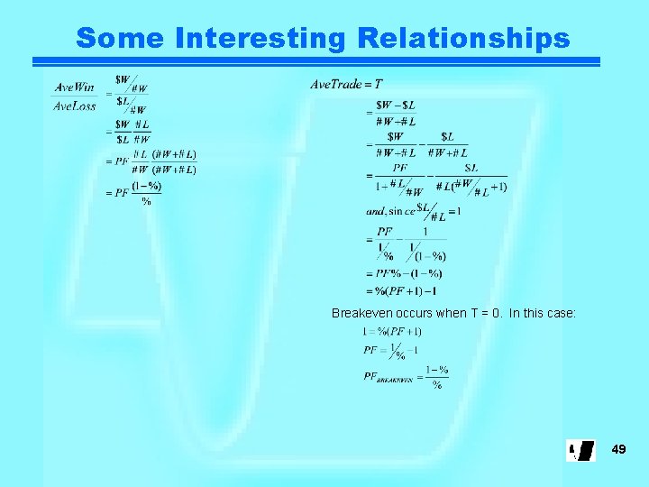 Some Interesting Relationships Breakeven occurs when T = 0. In this case: 49 