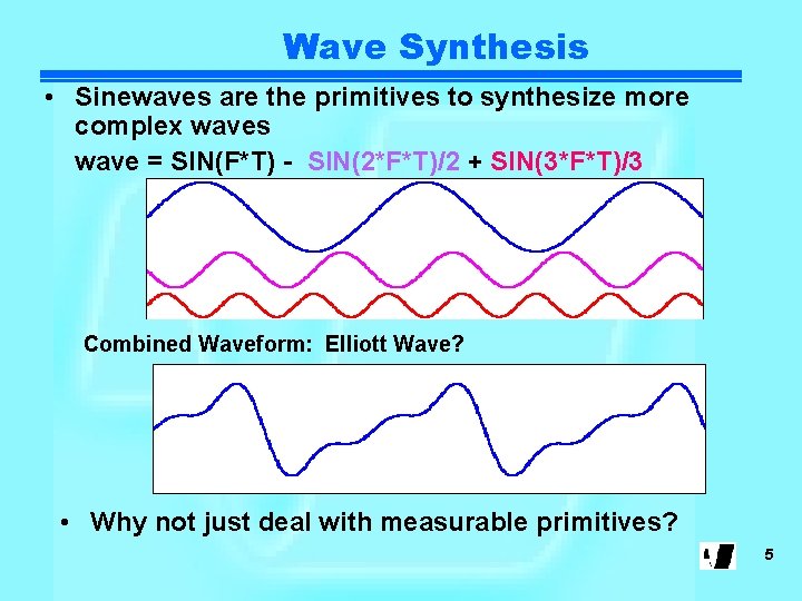 Wave Synthesis • Sinewaves are the primitives to synthesize more complex waves wave =