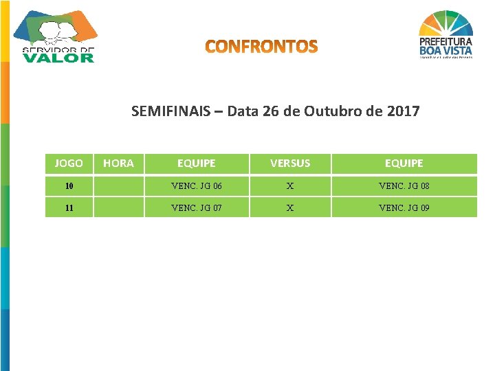 SEMIFINAIS – Data 26 de Outubro de 2017 JOGO HORA EQUIPE VERSUS EQUIPE 10