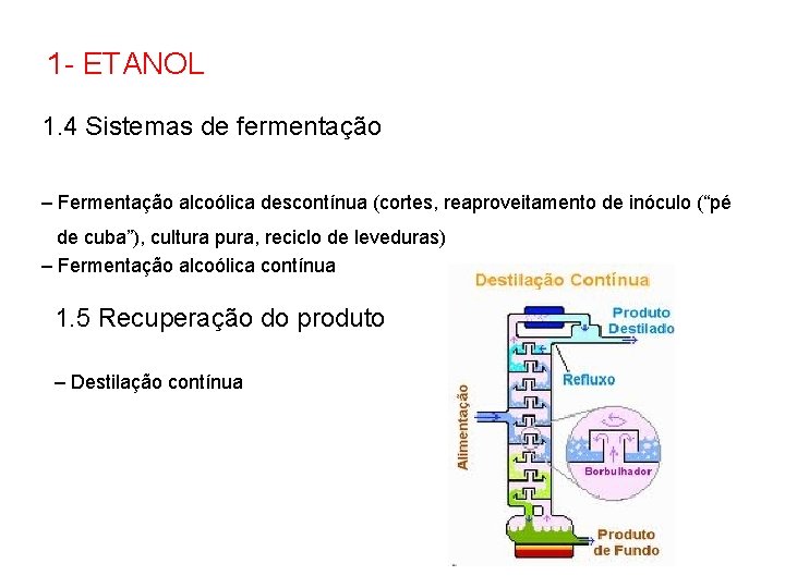 1 - ETANOL 1. 4 Sistemas de fermentação – Fermentação alcoólica descontínua (cortes, reaproveitamento