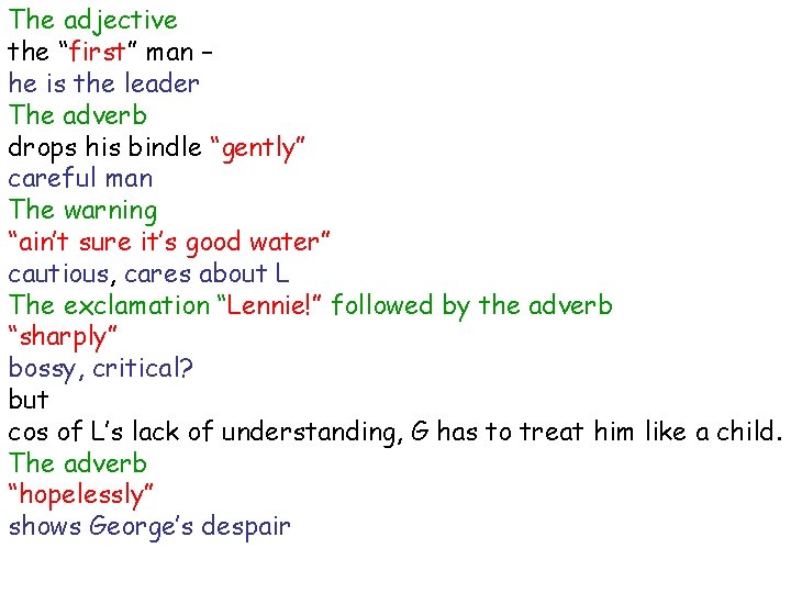 The adjective the “first” man – he is the leader The adverb drops his