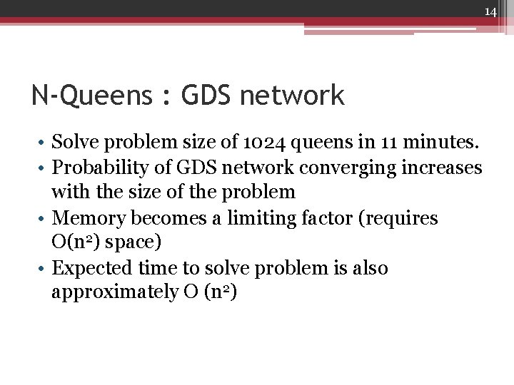 14 N-Queens : GDS network • Solve problem size of 1024 queens in 11