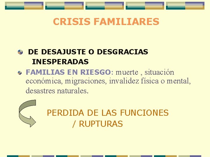 CRISIS FAMILIARES DE DESAJUSTE O DESGRACIAS INESPERADAS FAMILIAS EN RIESGO: muerte , situación económica,