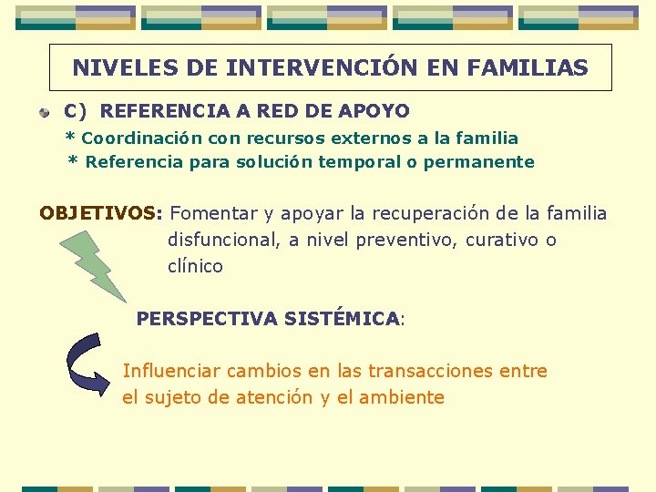 NIVELES DE INTERVENCIÓN EN FAMILIAS C) REFERENCIA A RED DE APOYO * Coordinación con