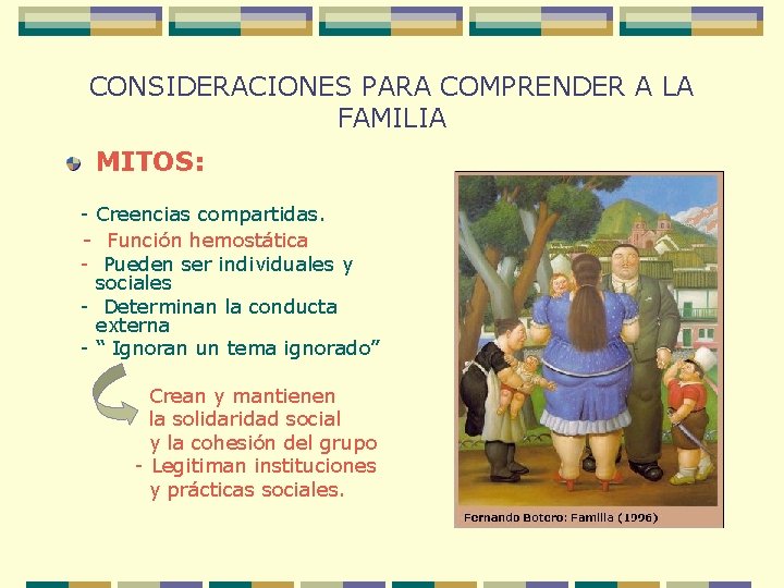 CONSIDERACIONES PARA COMPRENDER A LA FAMILIA MITOS: - Creencias compartidas. - Función hemostática -