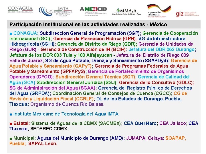 Participación Institucional en las actividades realizadas - México ■ CONAGUA: Subdirección General de Programación