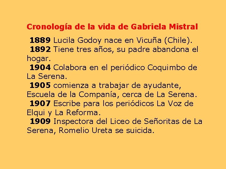 Cronología de la vida de Gabriela Mistral 1889 Lucila Godoy nace en Vicuña (Chile).