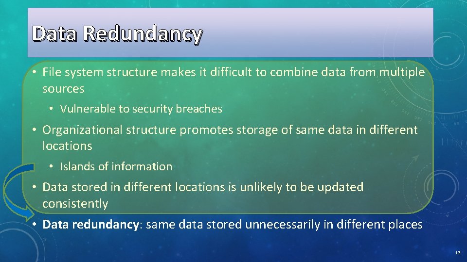 Data Redundancy • File system structure makes it difficult to combine data from multiple