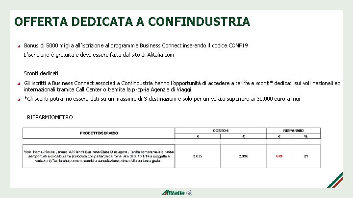 OFFERTA DEDICATA A CONFINDUSTRIA Bonus di 5000 miglia all’iscrizione al programma Business Connect inserendo