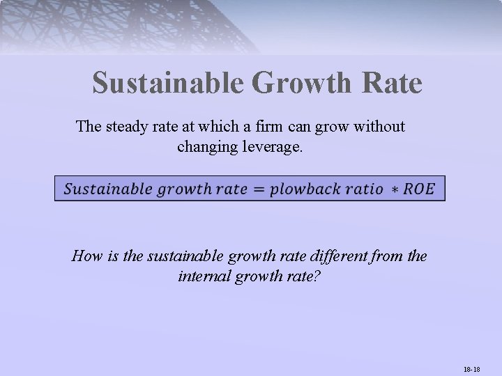 Sustainable Growth Rate The steady rate at which a firm can grow without changing