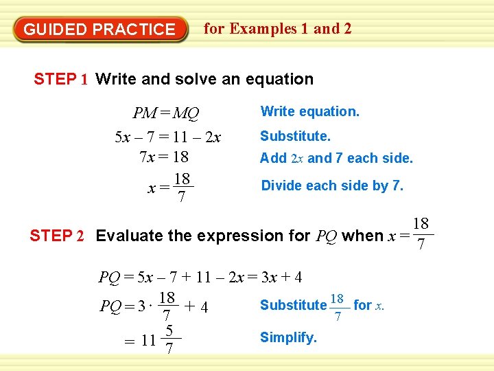 GUIDED PRACTICE for Examples 1 and 2 STEP 1 Write and solve an equation