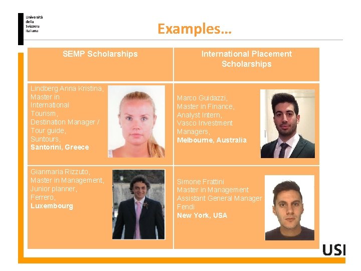 Examples… SEMP Scholarships Lindberg Anna Kristina, Master in International Tourism, Destination Manager / Tour