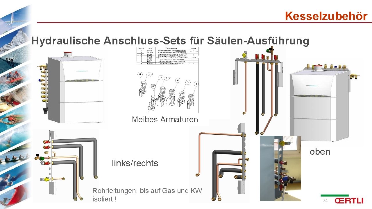 Kesselzubehör Hydraulische Anschluss-Sets für Säulen-Ausführung Meibes Armaturen oben links/rechts Rohrleitungen, bis auf Gas und