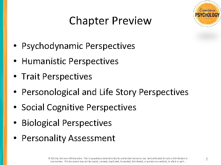 Chapter Preview • Psychodynamic Perspectives • Humanistic Perspectives • Trait Perspectives • Personological and