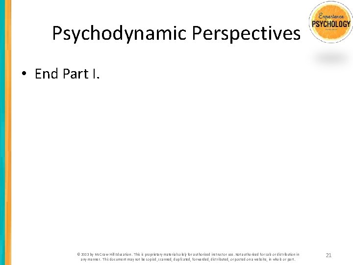 Psychodynamic Perspectives • End Part I. © 2013 by Mc. Graw-Hill Education. This is