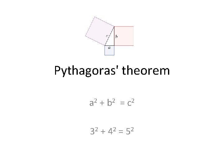 Pythagoras' theorem a 2 + b 2 = c 2 32 + 42 =