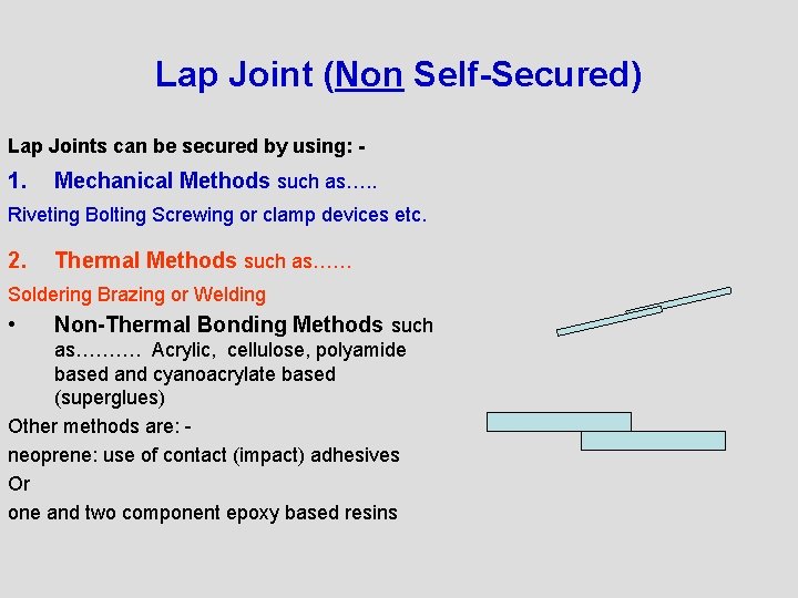 Lap Joint (Non Self-Secured) Lap Joints can be secured by using: - 1. Mechanical