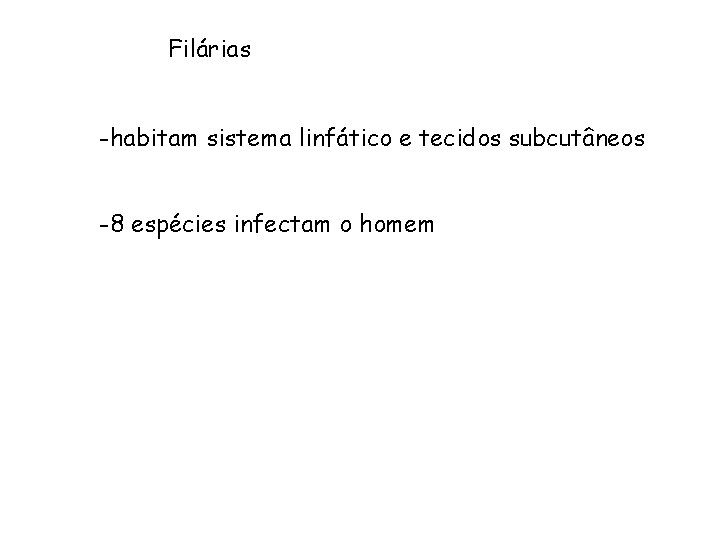 Filárias -habitam sistema linfático e tecidos subcutâneos -8 espécies infectam o homem 