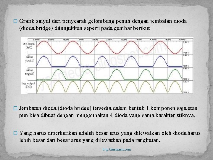 � Grafik sinyal dari penyearah gelombang penuh dengan jembatan dioda (dioda bridge) ditunjukkan seperti