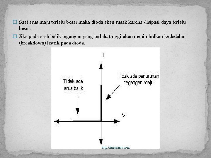 � Saat arus maju terlalu besar maka dioda akan rusak karena disipasi daya terlalu