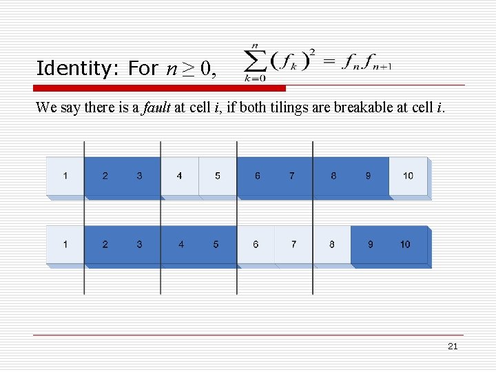 Identity: For n ≥ 0, We say there is a fault at cell i,
