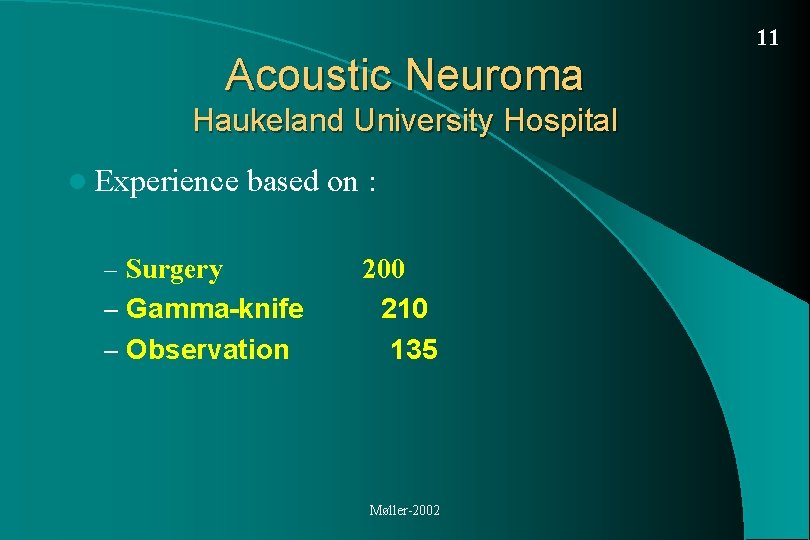 11 Acoustic Neuroma Haukeland University Hospital l Experience based on : – Surgery –