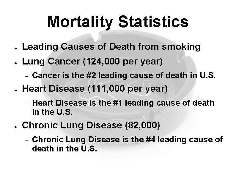 Mortality Statistics ● Leading Causes of Death from smoking ● Lung Cancer (124, 000