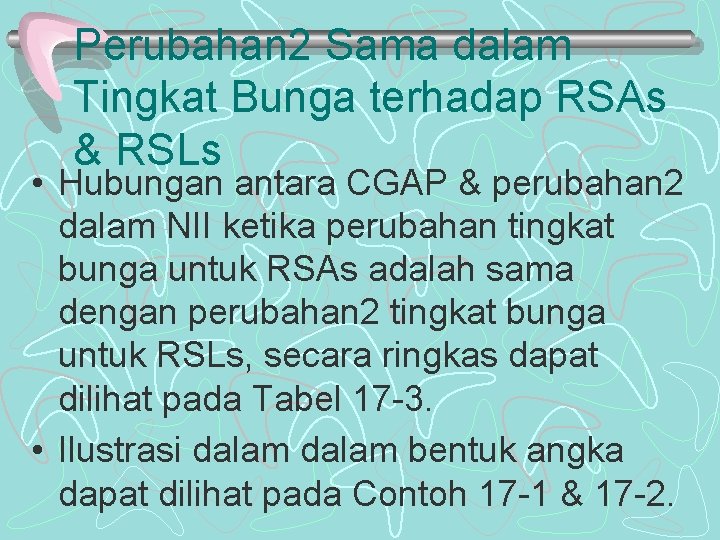 Perubahan 2 Sama dalam Tingkat Bunga terhadap RSAs & RSLs • Hubungan antara CGAP