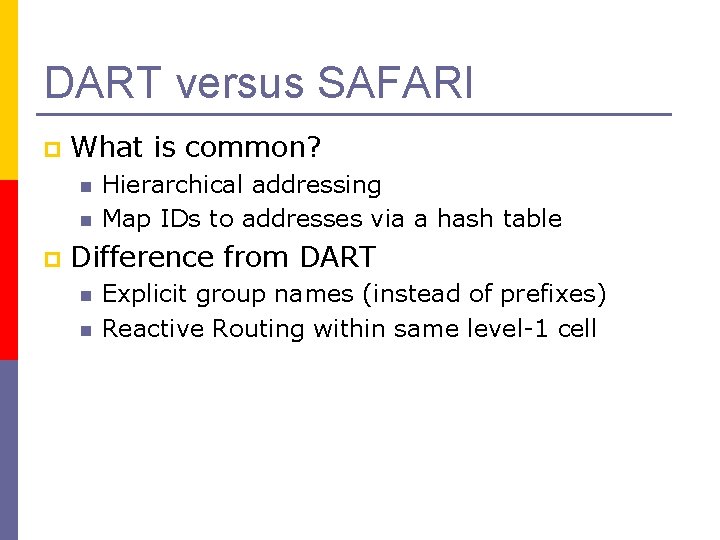 DART versus SAFARI p What is common? n n p Hierarchical addressing Map IDs