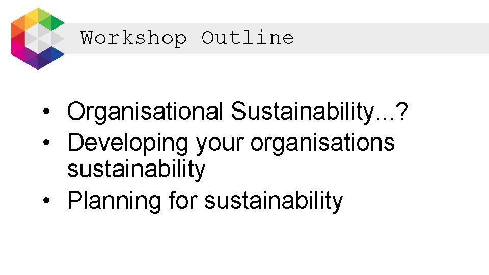 Workshop Outline • Organisational Sustainability. . . ? • Developing your organisations sustainability •