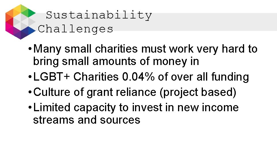 Sustainability Challenges • Many small charities must work very hard to bring small amounts