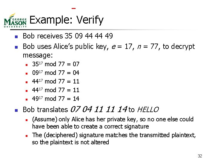  Example: Verify n n Bob receives 35 09 44 44 49 Bob uses