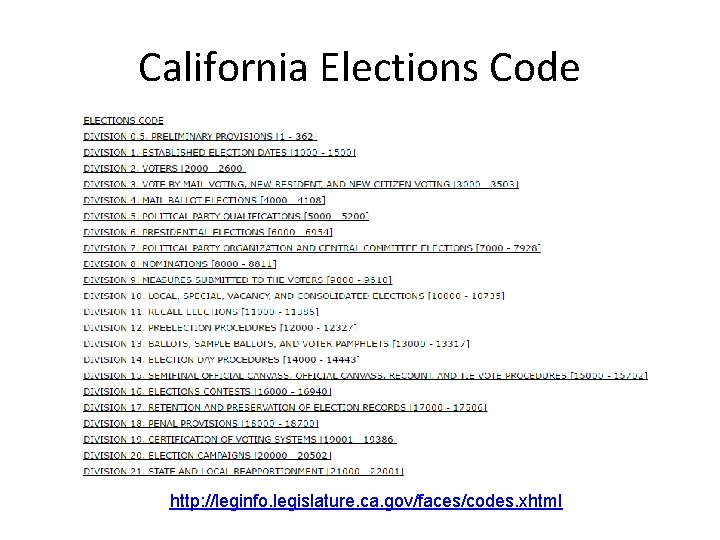 California Elections Code http: //leginfo. legislature. ca. gov/faces/codes. xhtml 