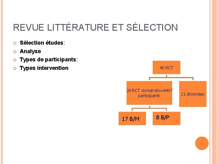 REVUE LITTÉRATURE ET SÉLECTION Sélection études: Analyse Types de participants: Types intervention. 46 RCT