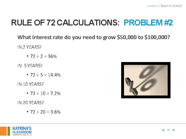 Lesson 4: Back to School RULE OF 72 CALCULATIONS: PROBLEM #2 What interest rate