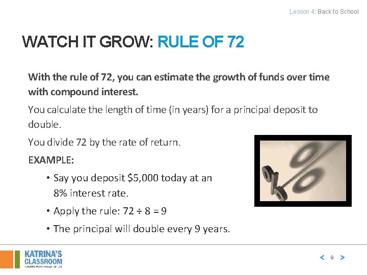 Lesson 4: Back to School WATCH IT GROW: RULE OF 72 With the rule